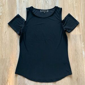 Rhinestone Detail Cold Shoulder Top - Black - Size Small